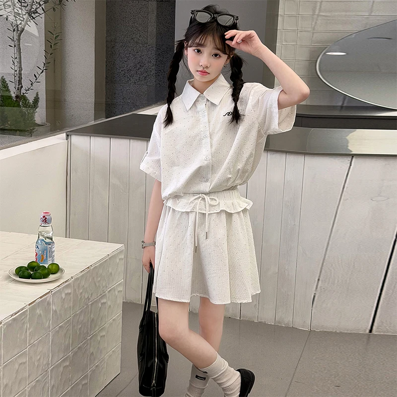 

Children's Sets Preppy Style Shirt Top + Skirt with Lining 2Pcs Fashion Full Diamond for Teenager Girls Summer Sports Outfits