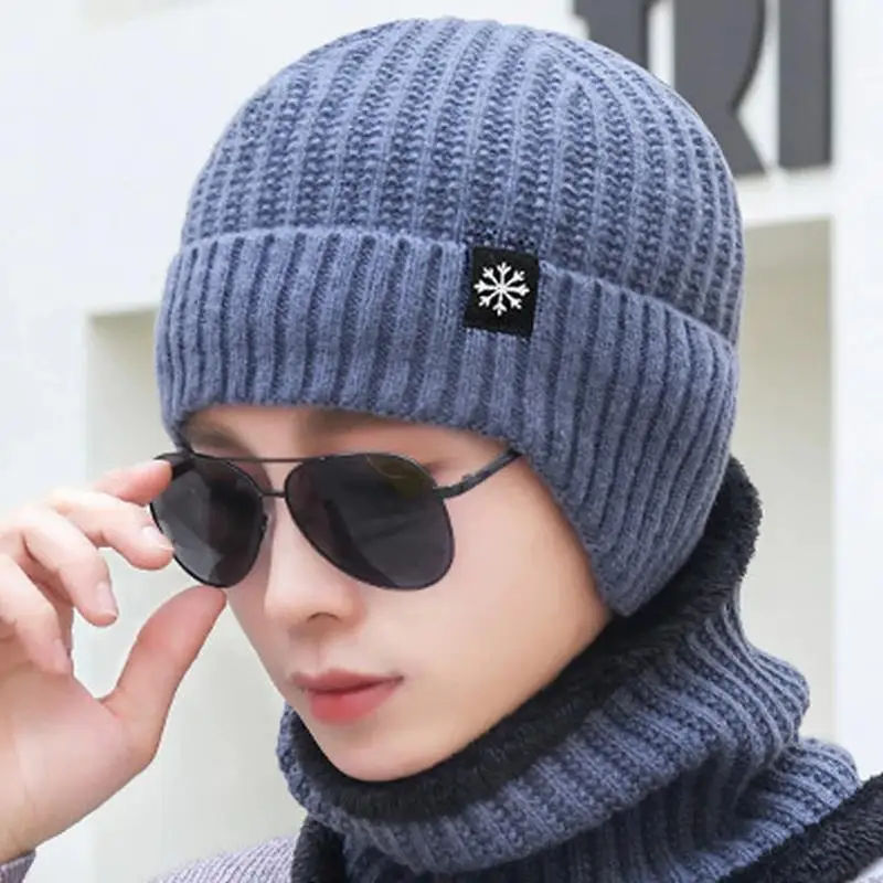 Winter Beanie Hat Scarf 2 Piece Neck Warmer Scarf Fleece Lined Thermal Knit Beanie Scarf Winter Pullover Hat Ear Protector