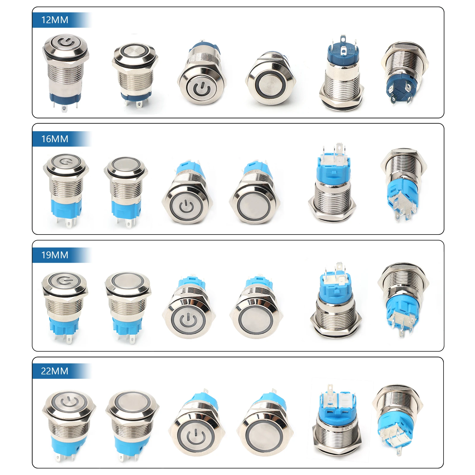 APIELE-Joli à Bouton-Poussoir en Métal Étanche, 12/16/19/22mm, Lumière LED Momentanée à Verrouillage, Joli d\'Alimentation du Moteur de Voiture, Bleu