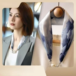 New magnetic buckle Pearl silk scarf  Fashion Floral Design Female Hair Hand Fall Wrist Bandana Winter Neck Headkerchief