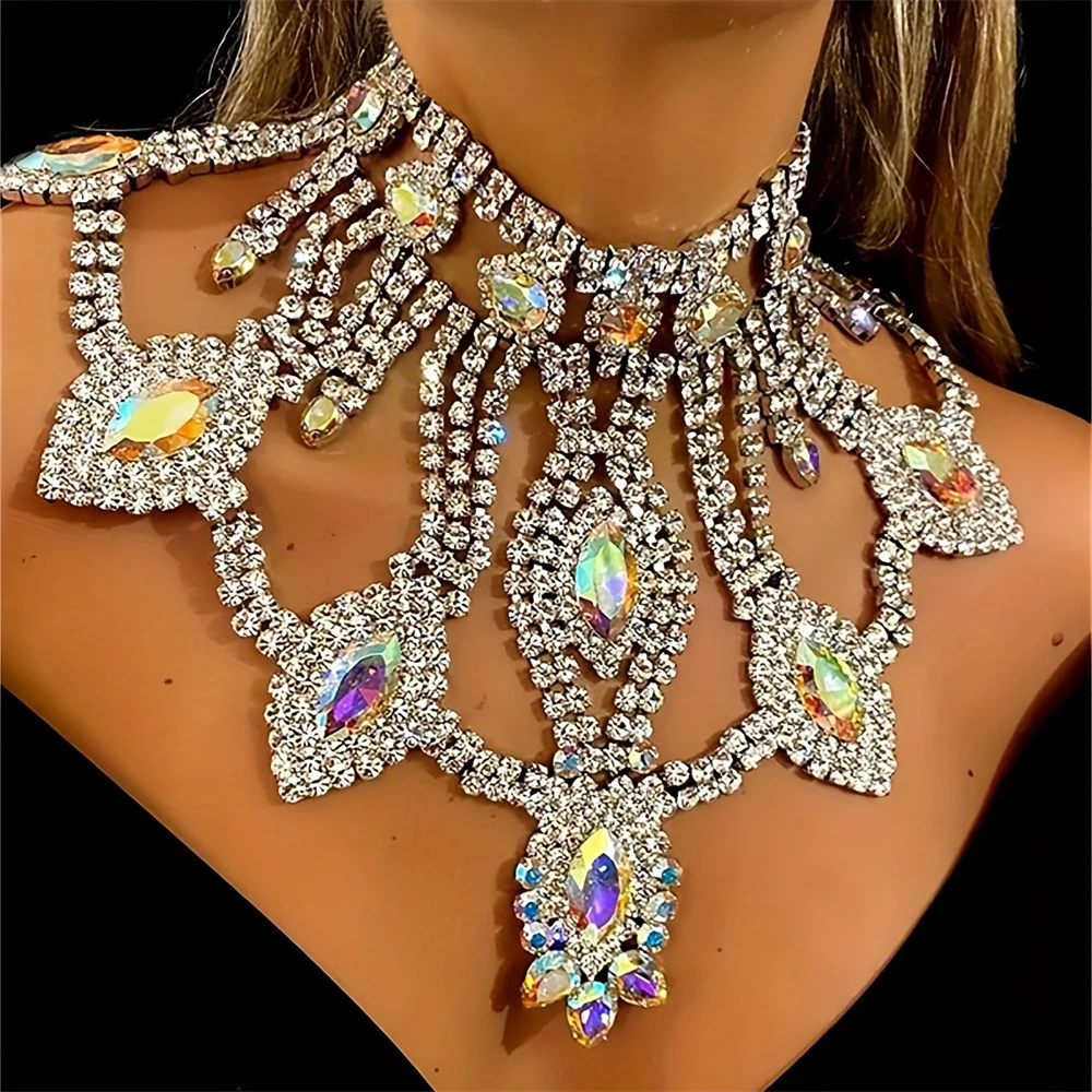 Fashionable Exquisite Rhinestone Necklace Jewelry Luxury Shining Banquet Party Crystal Large Necklace Jewelry Accessories