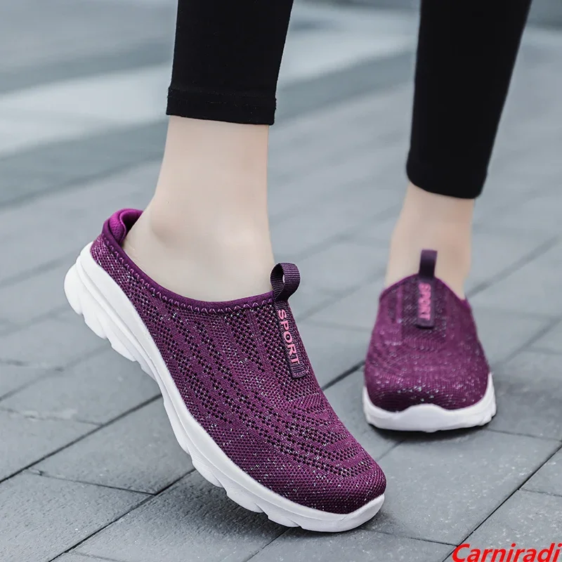 Lightweight Trend Flying Woven Half Slippers Women Flying Weave Breathable Baskets Casual Sneakers Ladies Non-slip Walking Shoes