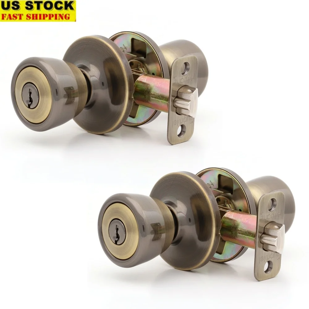 

Keyed Entry Tulip Doorknob Set Antique Brass 2 Count Adjustable Backset Locking Security Installation Kit with Keys and Hardware