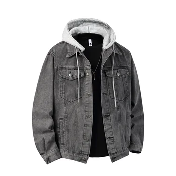 Autumn Winter Hooded Denim Jackets Men Casual Streetwear Outerwear Solid Color Loose Couple Denim Coats Hat Detachable Jacket 3