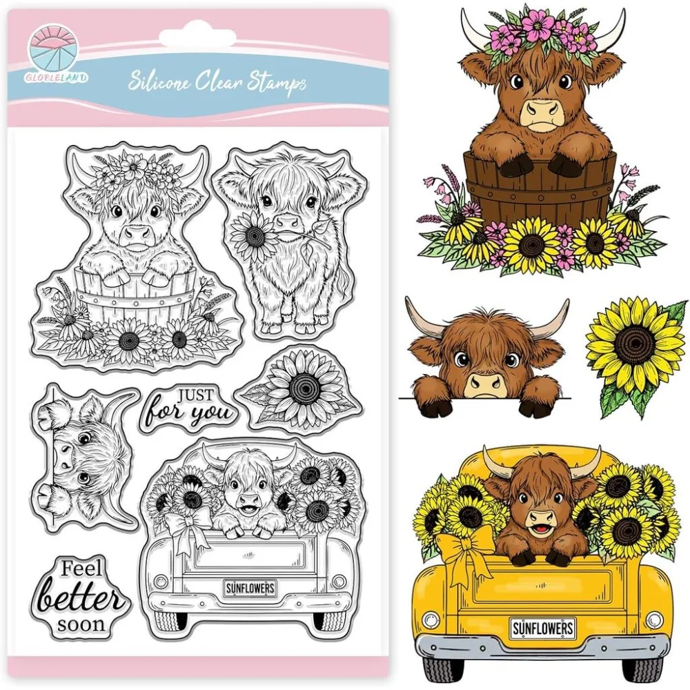 1pc Highland Cattle Clear Stamp for Scrapbooking Sunflowers Stamps Pickup Truck Transparent Stamp