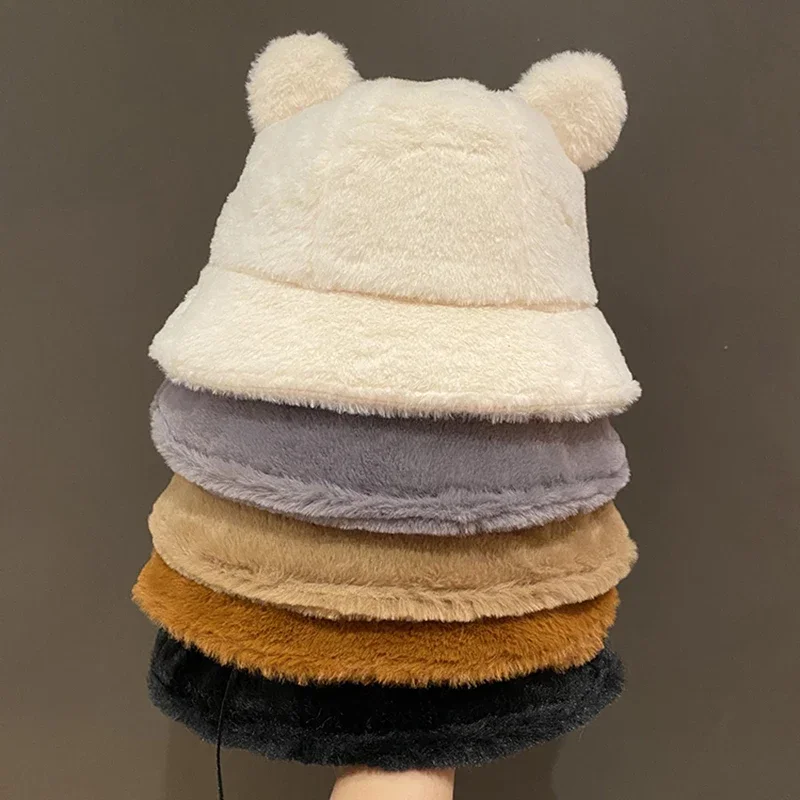 Fashion Autumn Winter Leopard Fur Bucket Hat Bear Ear Ball Plush Fisherman Hat Soft Warm Thick Basin Hat Protection Bucket Hats