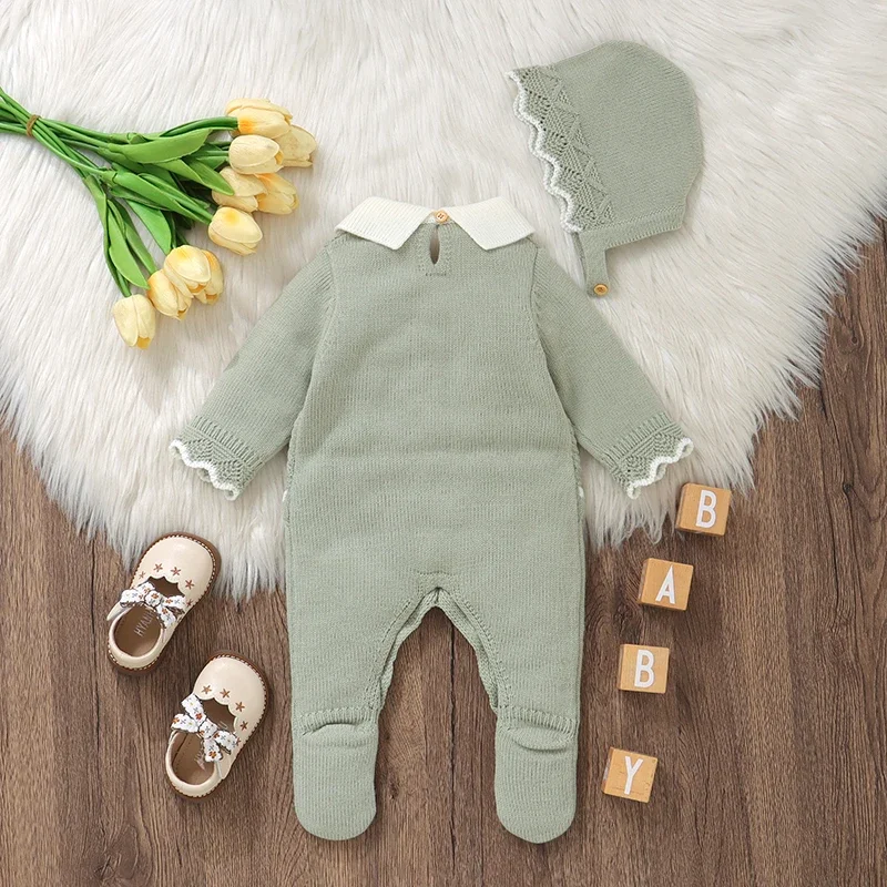 Newborn Baby Romper Hat Sets Knit Toddler Clothes 2PC Overalls 0-9M Playsuit Warm Fall Infant Boy Jumpsuit Long Sleeve Cute Bow