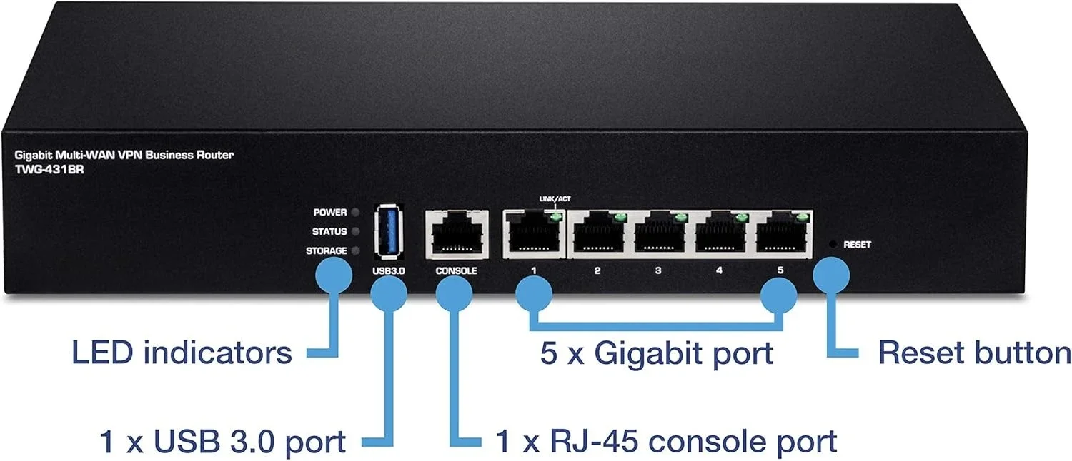 جهاز توجيه Gigabit Multi-WAN VPN Business، TWG-431BR، 5 منافذ جيجابت، 1 × منفذ وحدة التحكم، QoS، توجيه Inter-VLAN، توجيه ديناميكي