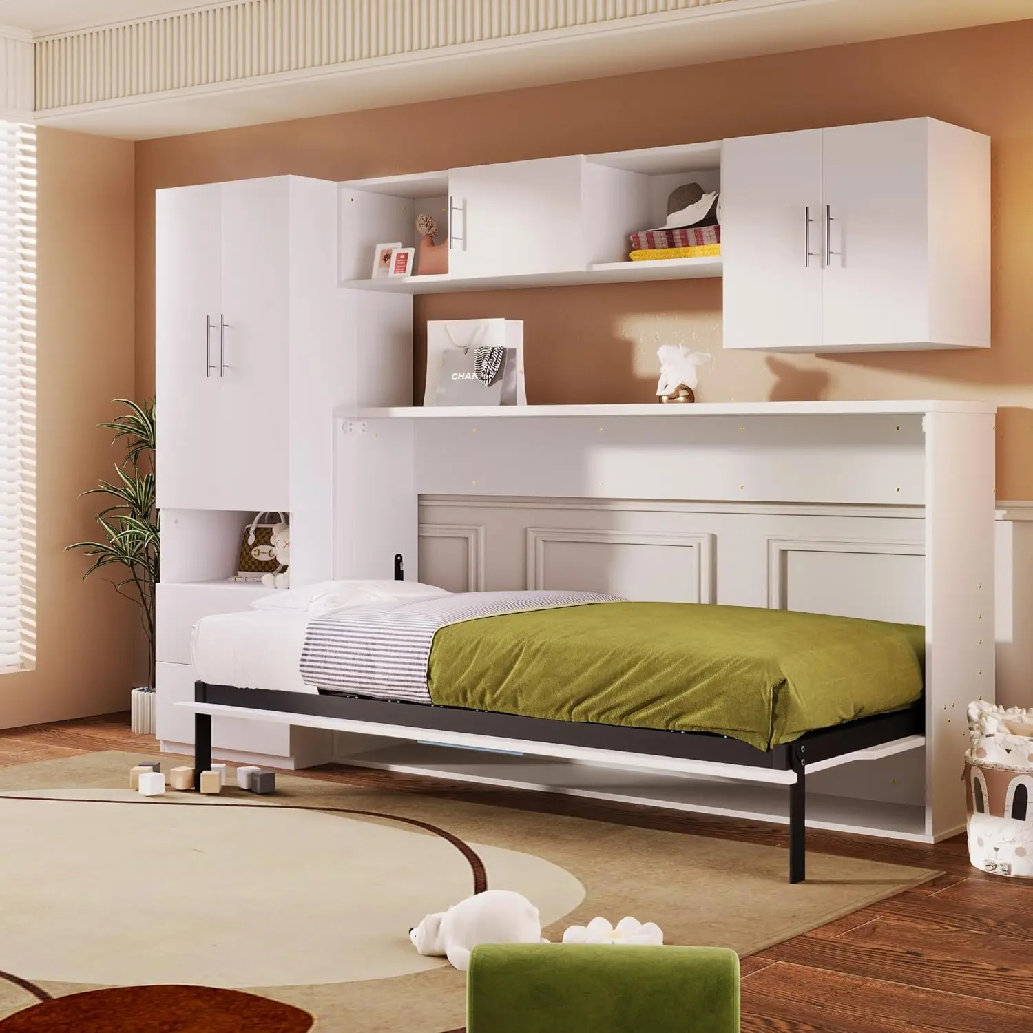 Twin Size Murphy Bed, Versatile Wall Bed Murphy Bed Frame With Open Shelves, Storage Drawers, Built-In Wardrobe And Table For