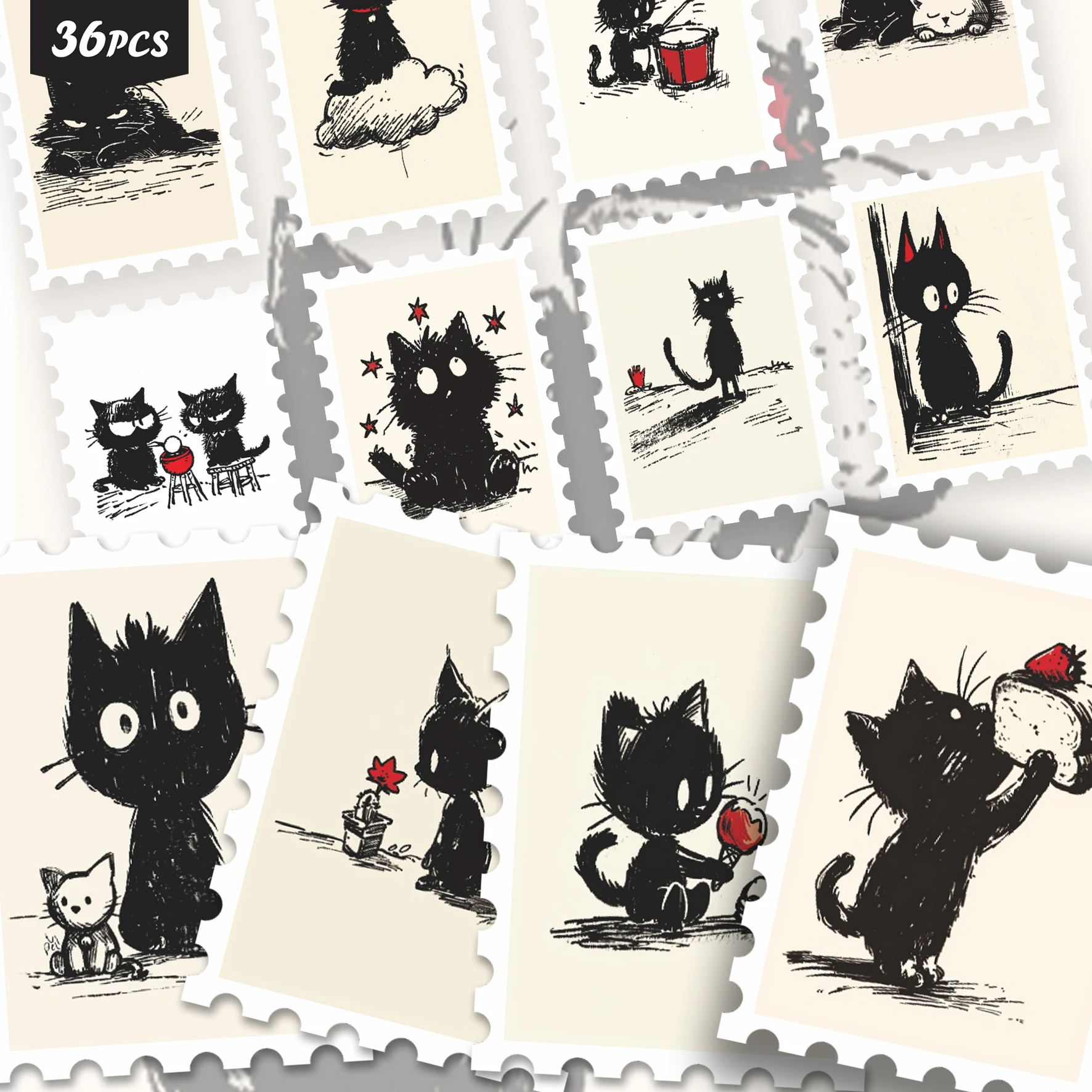 36PCS Cute Black Cat Stickers, Vintage Sketch Style Feline Daily Life Aesthetic Cutout Sticker Set for Journals, Planners & Deco