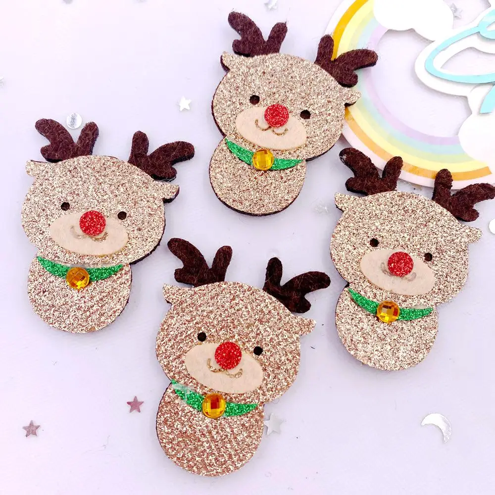 10pcs Felt Fabric Colorful Glitter Cartoon Christmas Deer Baby Patch Rhinestone Applique Sewing DIY Hair Bow Craft Supplie XE812