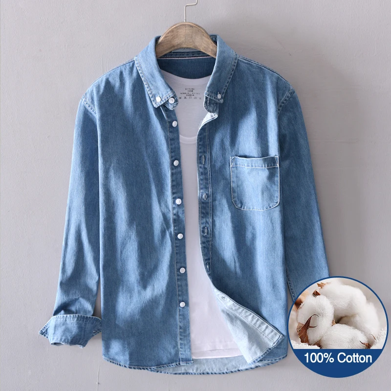 100% Cotton Men\'s Denim Shirt Autumn New Street Japanese Fashion Slim Casual Male Long-sleeved Shirts Clothes Light Blue Black