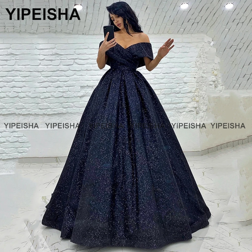 Yipeisha Off-shoulder Navy Blue Prom Dresses 2024 Glitter A-line Evening Dress Long Party Gown for Banquet Robe de Bal