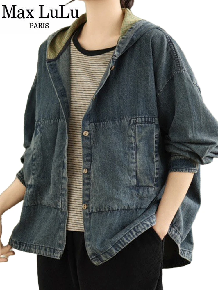 Max LuLu 2025 Spring Japanese Womens Vintage Denim Hooded Jackets Ladies Leisure Classic Loose Coats Luxury Harajuku Outerwear