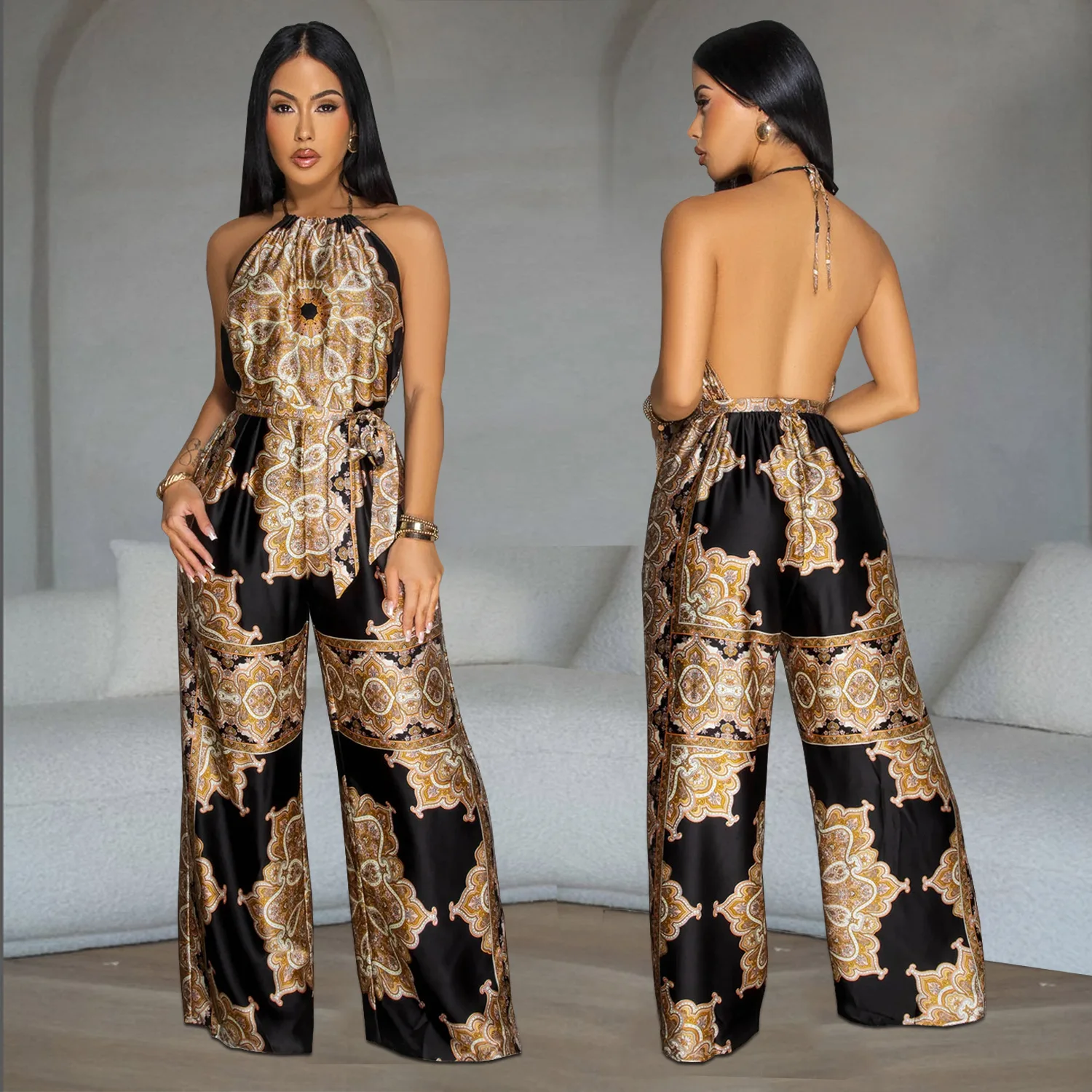 

High Quality Digital Printed Hawaiian Style Jumpsuit Custom Chest Bow Suspender Jumpsuit for Women