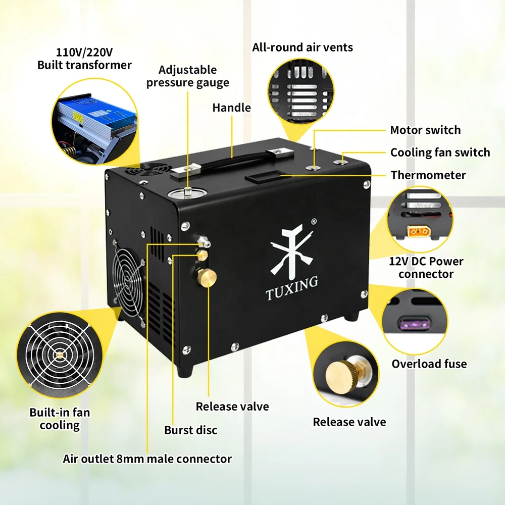 High Quality 12V Auto Stop 4500psi 300bar Oil-Free Car-Battery Household Power    Air Compressor