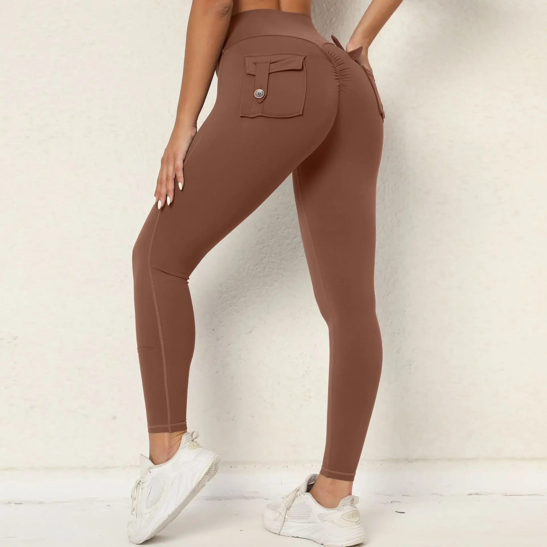 Pocket Leggings Women Push Up Women Pants High Waist Lycra Gym Sports Tights Fitness Clothing Sport Femme Mujer Beige Brown Body