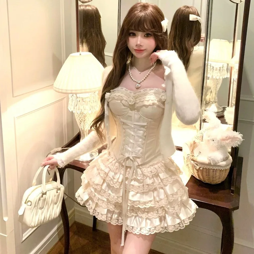 빈티지 보우 레이스 슬링 탑 슬리브리스 시크 슬림 러플 숏 스커트 플라워 섹시 의상 스커트 슈트 스파이시 걸즈