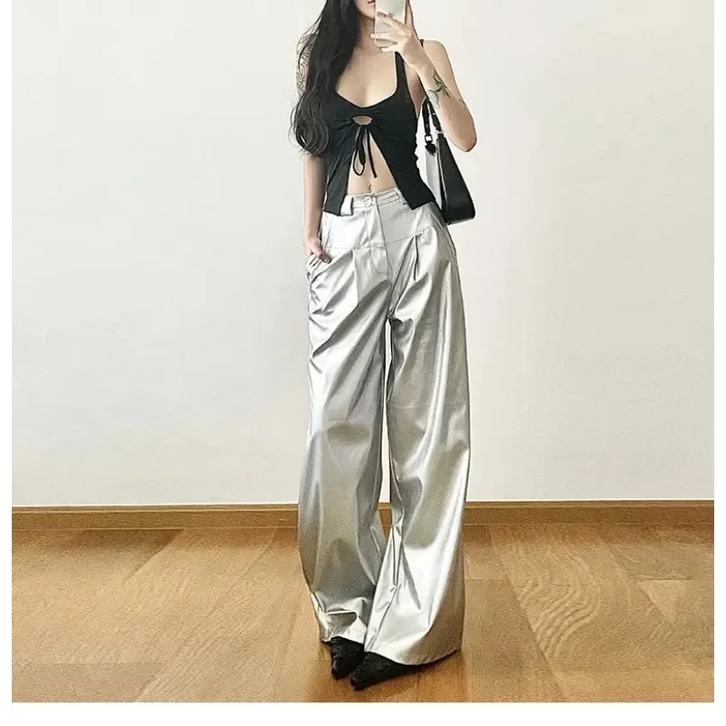 Y2k Gothic Punk Design Silver Shiny PU Leather Loose Draped Casual Trousers for Women Streetwear Straight Pants Baggy Pants Chic