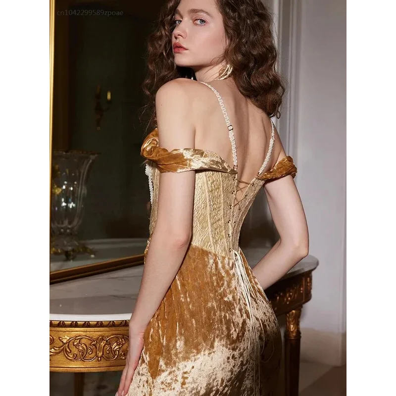 MN1 Spaghetti Strap Vintage Designer Runway Gold Party Sexy Women Dress Lady Chic Trendy European Elegant 20249*Jy