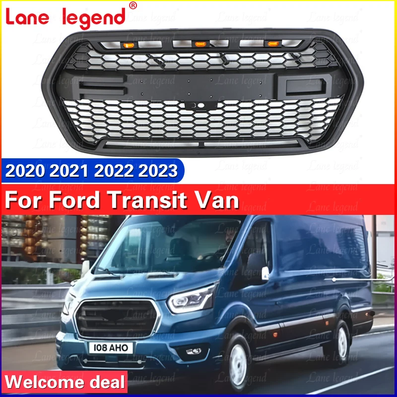 Accessoires de style Grille de voiture ABS avec barre lumineuse adaptée pour Ford Transit Van 2020-2023 Grille de capot de pare-chocs avant en maille Grilles de course