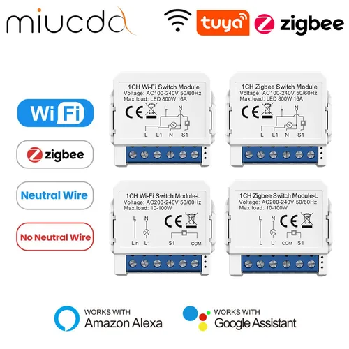MIUCDA Tuya WiFi/Zigbee módulo inteligente, interruptor de luz DIY interruptor Neutral/sin Control de cable neutro funciona con Alexa Google Home