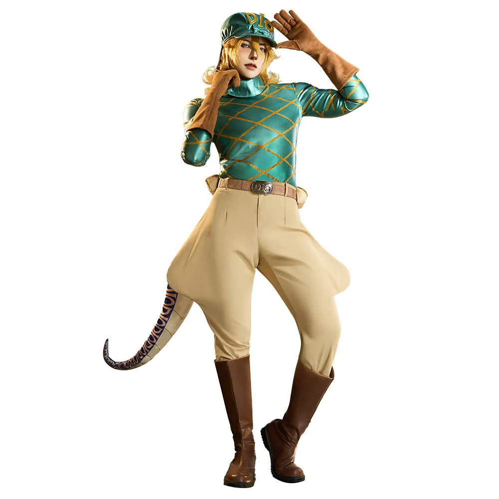 Miccostumes Premium Edition JJBA Anime Green Cosplay Costume Full Set With Hat And Dinosaur Tail