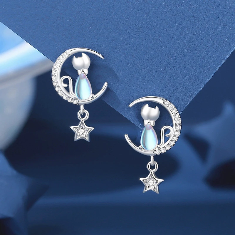 Nuovi orecchini europei in argento Sterling S925 AAA CZ Moon Stars Cat Stud per gioielli regalo festa di compleanno ragazza donna