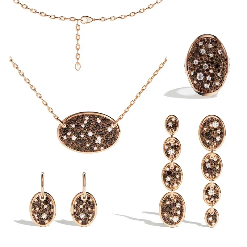 

Eomm S925 Sterling Silver Chocolate Brown Oval Shape Earrings Ring Necklace Women Retro Classic Fashion Festival Luxury Jewelry