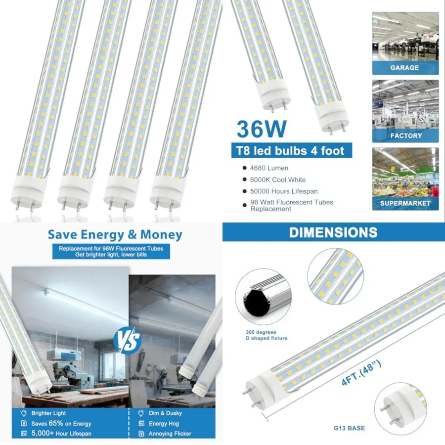 

4Feet T8 LED Tube Light - 36W 96W Eqv. 4680LM 6000K, Type A+B Plug and Play or Ballast Bypass, Double-End Power, D-Shaped for F