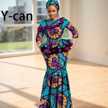 طقم تنورة للنساء بأكمام طويلة من Dashiki وتنورة حورية البحر ، ملابس مطبوعة من أنقرة ، كشكشة ، قطعتان ،