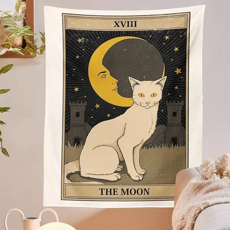 Tarot Card Tapestry Boho Tapestry Wall Hanging Cat Mysterious Divination Witchcraft Beach Moon Phase Aesthetic Room Decor Mural