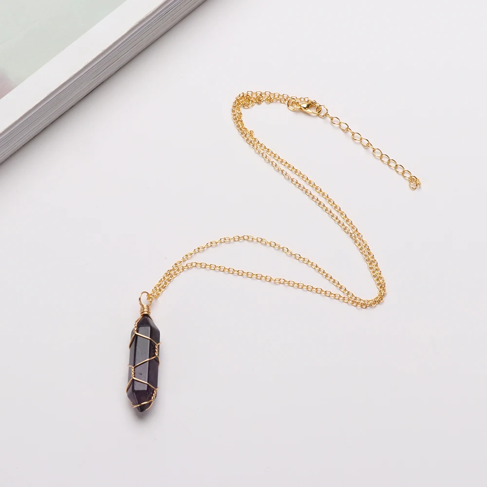 2022 Hexagonal Cylindrical Crystal Necklace Natural Stone Pendant Wire Wrap Stone Necklace for Women Men Fashion Jewelry