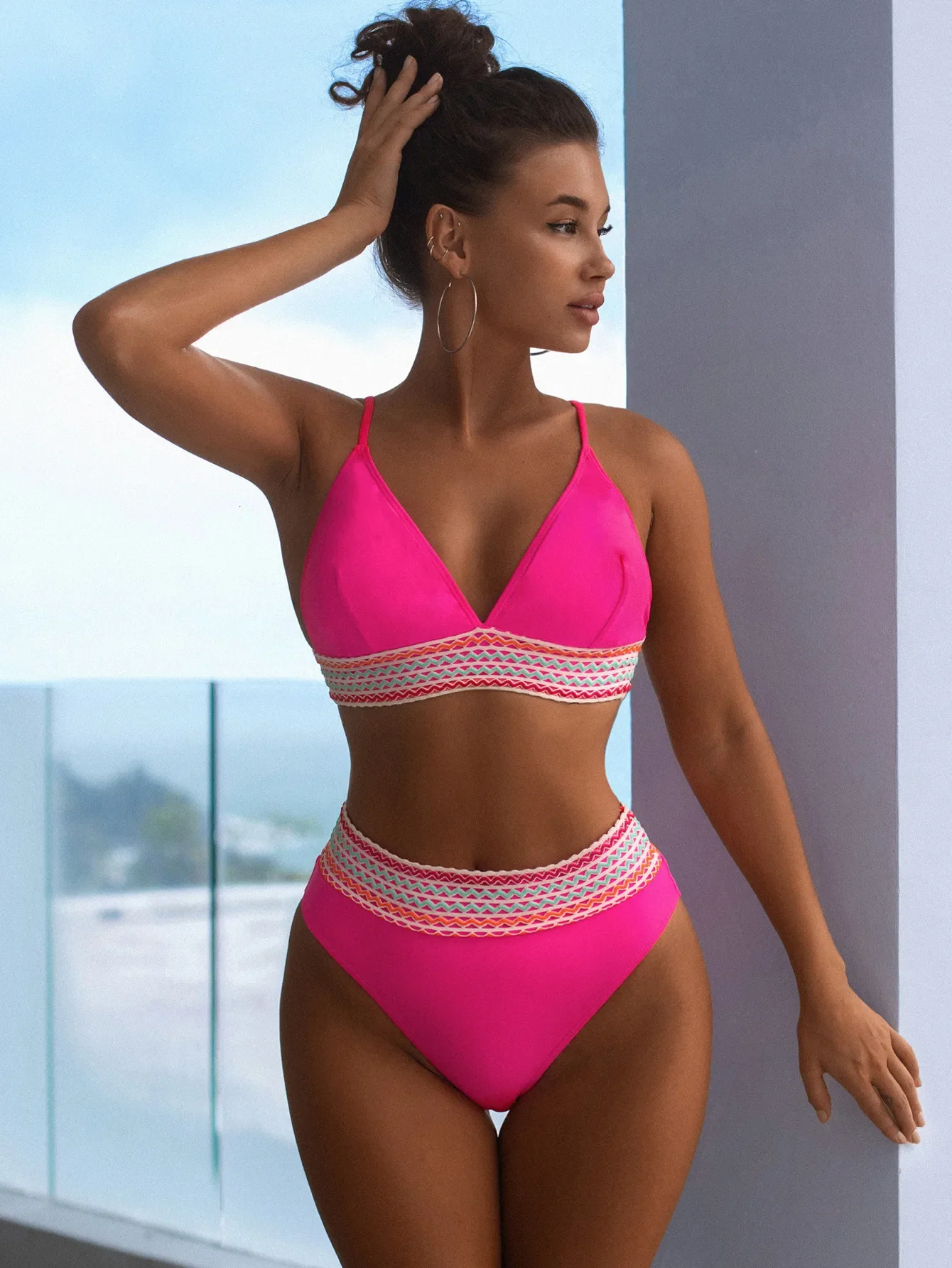 Trendy Women Split High Waist Bikini Colorful Stripe Splicing Swimsuit Stylish Deep V Beach Swimwear For Swimming And Beach Trip