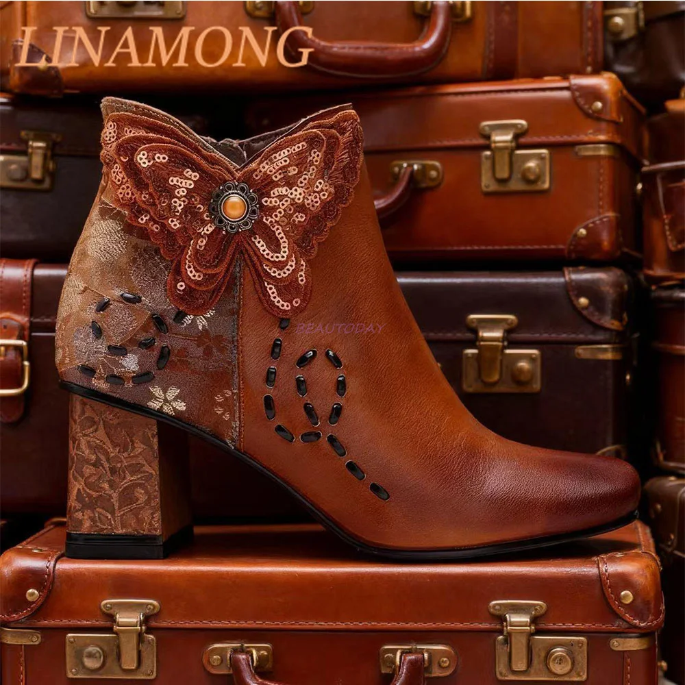 Three Dimensional Butterfly Short Boots Fashionable Square Heel Hand Polished Side Zipper Leather Fabric Splicing High Heels