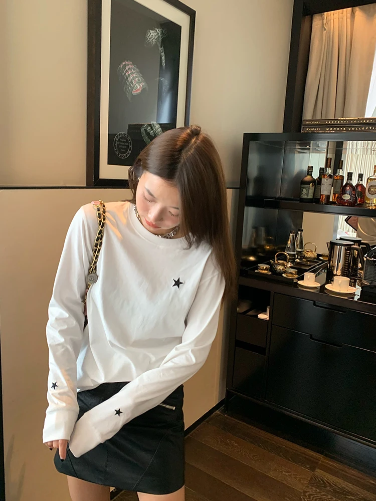 

Loose round Neck Base Shirt Women's White T-Shirt Sweatshirt Autumn Winter New Arrival Casual Style Cotton Polyester Blend