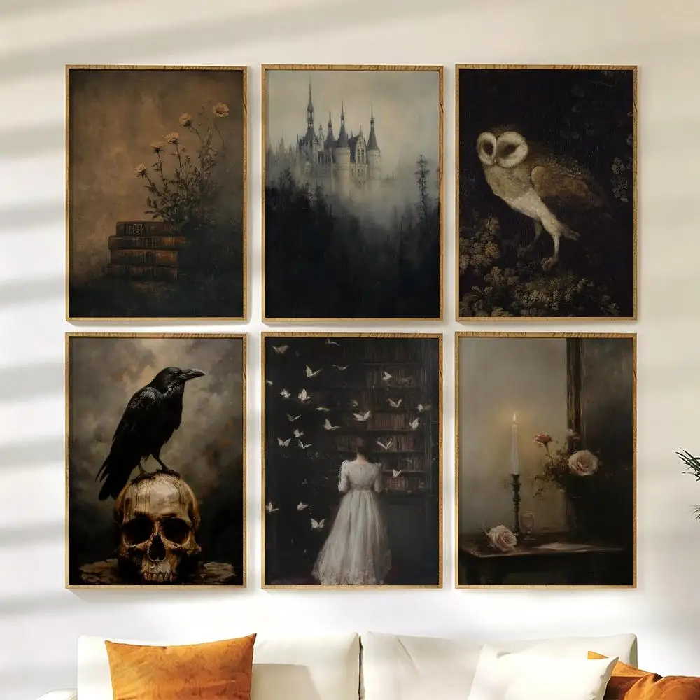 Dark Academia Antique Gothic Castle Poster Wall Stickers HD Painting Self Adhesive Art Decals for Bedroom Living Room Home Decor