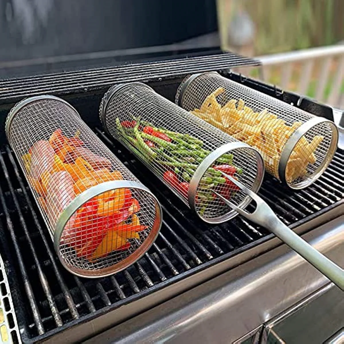 Stainless Steel Barbecue Cage Outdoor BBQ Cylinder Grill Smoked Mesh Drum Barbecue Tool barbecue kamado bbq accessories