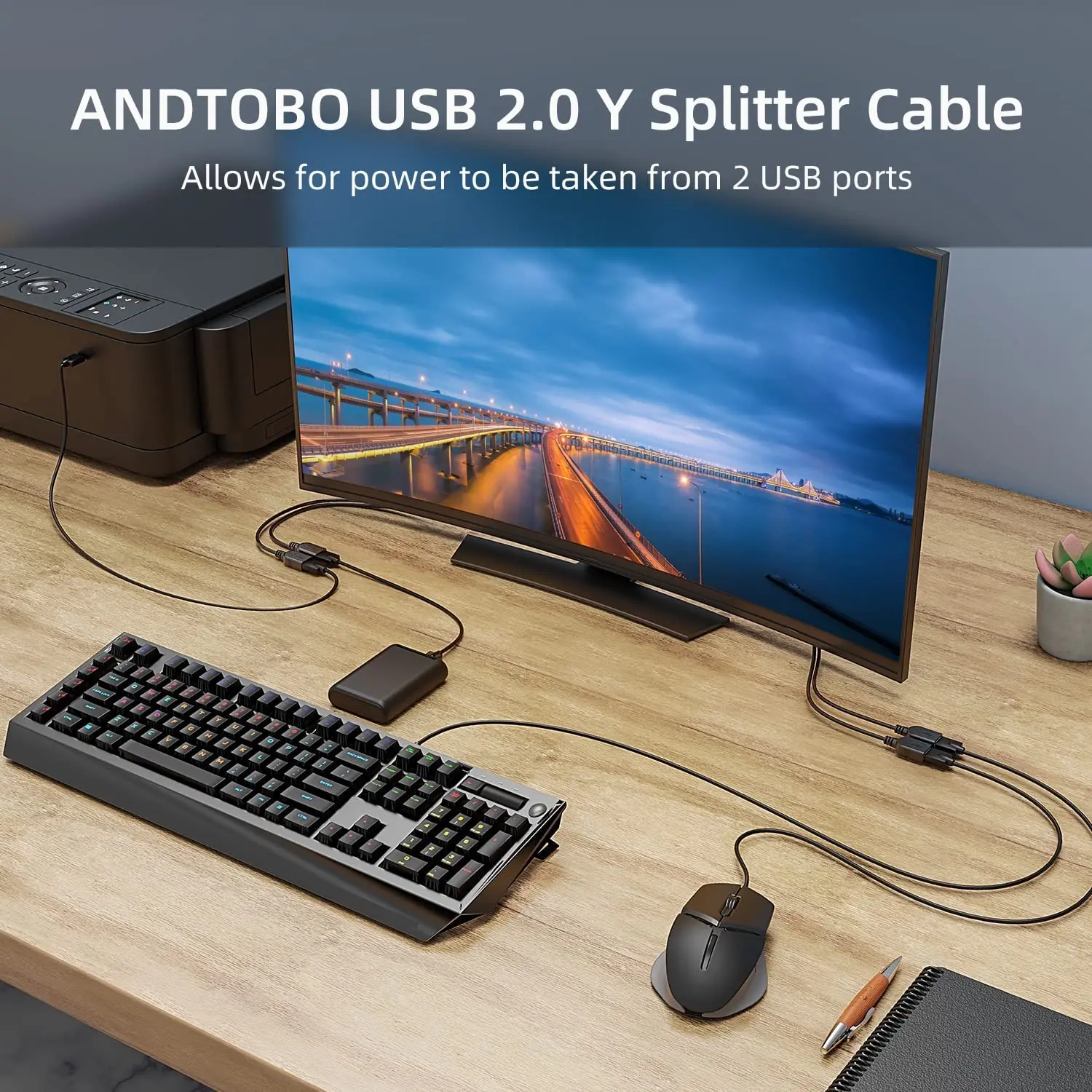 PC 차량용 USB 2.0 분배기 Y 케이블, 1 수-2 암 연장 코드, 전원 어댑터 컨버터, 데이터 전송 충전 케이블