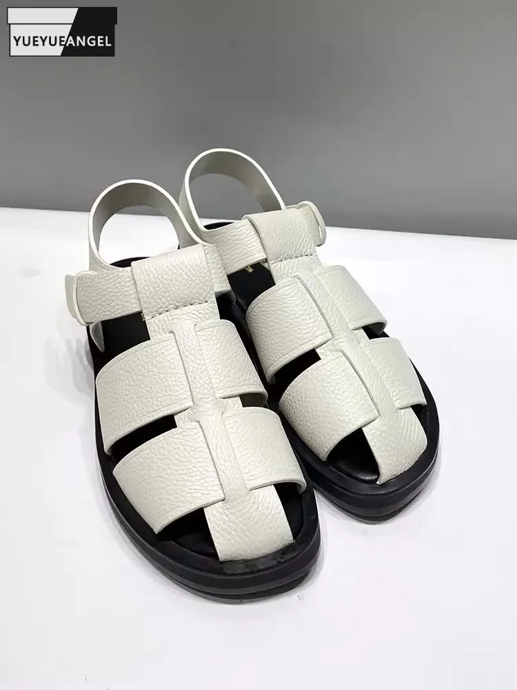 

Summer Women Cowhide Genuine Leather Sandals Buckle Strap Hollow Out Platform Gladiator Shoes Casual Outside Close Toe Sandals