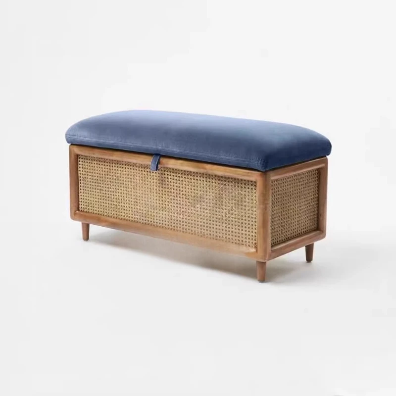 

Chinese vintage art beauty club can be stored, solid wood rattan woven shoe stool, storage sofa stool, bedroom bed stool