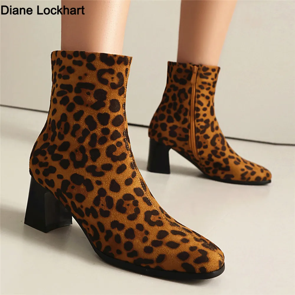 

2024 Autumn High Heels Ankle Boots Plus Size Leopard Women Boots Retro Pointed Ladies Shoes Side Zipper Booties Botas De Mujer