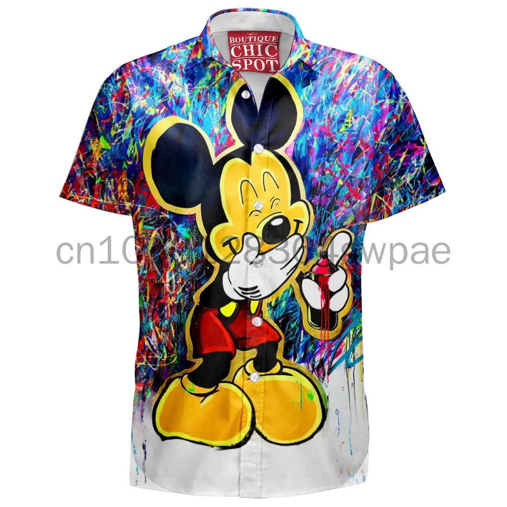 

Mickey Mouse Hawaiian Shirt Men's Women's Short Sleeve Button Down Shirt Disney Graffiti Lapel Shirt Casual Retro Beach Shirt