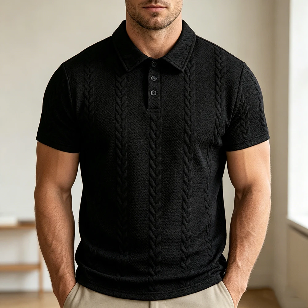 Vintage Men's Wheat Jacquard Embossed Polo Shirt Black Textured Braid Knit Short Sleeve Casual T-shirt for Men Daily Streetwear