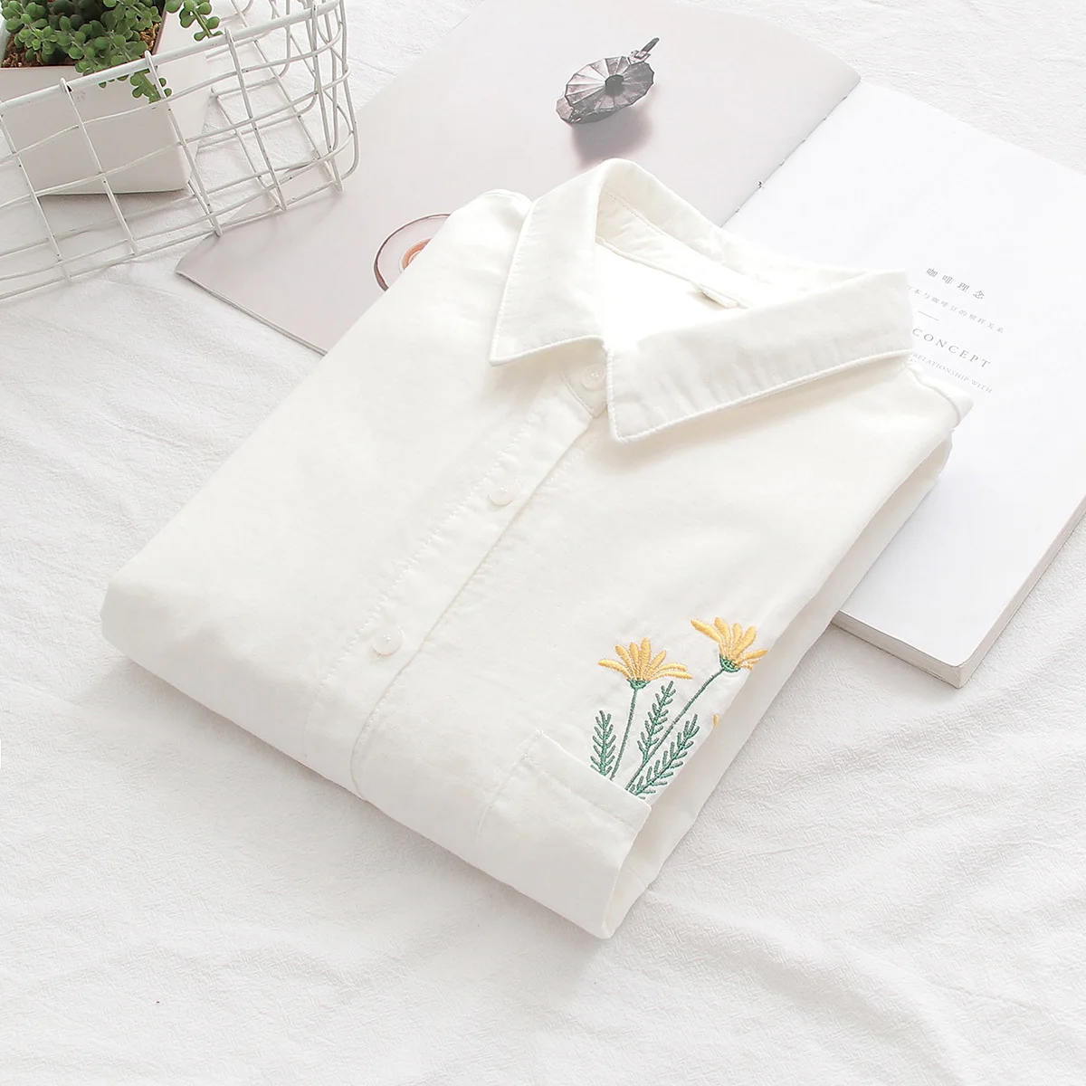 

Женская хлопковая блузка с вышивкой, белая Элегантная блузка из 100% хлопчатобумажной пряжи в японском стиле, весна 2024