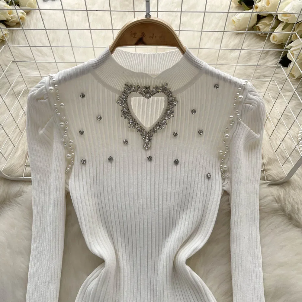 winter Elegant Diamond Pearl Beading Short Pullover Sweater Fashion  Elastic Knitted Puff Long Sleeve O-Neck Knitwear