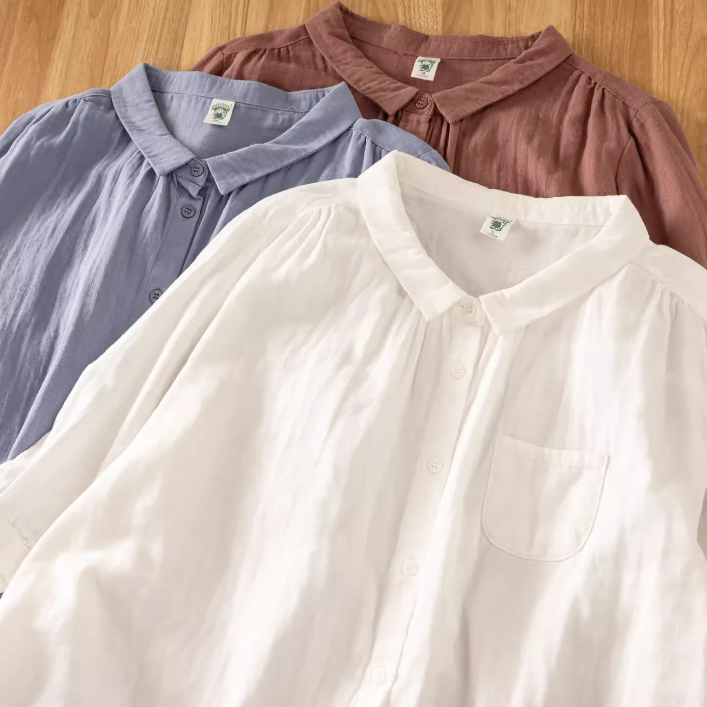 

2025 Casual large size tops middle aged women clothes cotton yarn white blue green solid shirts women short sleeve blouses