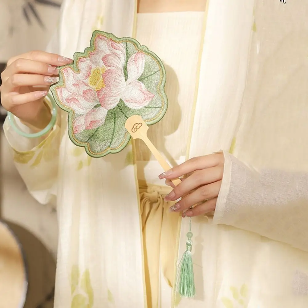 Classical Handheld Embroidered Round Fan Tassels with Pendant Chinese Style Fan Lotus Floral Shaped Group Fan Photography Prop