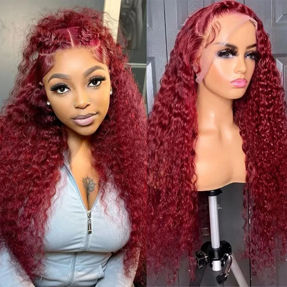 Burgundy Wig 13x4 Deep Wave Synthetic Lace Front Wig, Pre-Plucked Transparent Lace Frontal, Red Colored Curly Wig for Women, Natural Looking, Glueless Easy Install, Heat-Resistant Fiber for Daily Wear, Parties & Special Occasions