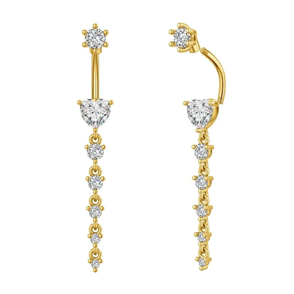 Shiny Copper Zircon Belly Button Ring Long Dangled Flower Crystal Stainless Steel Navel Piercing Metal Pink Body Jewelry Women